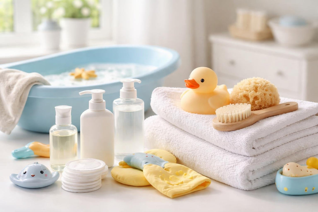 Beginner baby bath essentials arranged beside soft towel