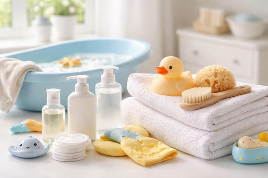 Beginner baby bath essentials arranged beside soft towel