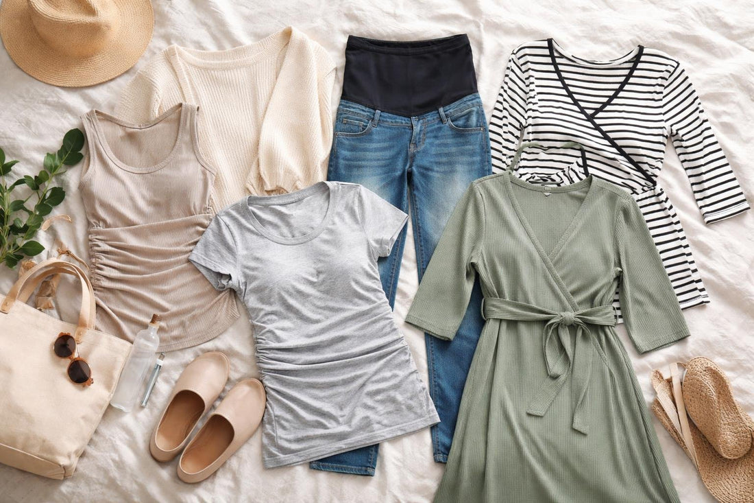 Beginner maternity clothing essentials laid out for layering
