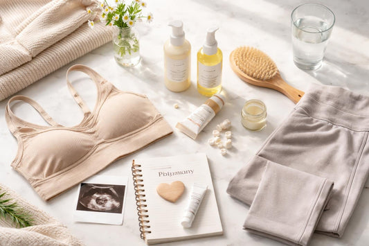 Beginner pregnancy care essentials laid out for a daily routine