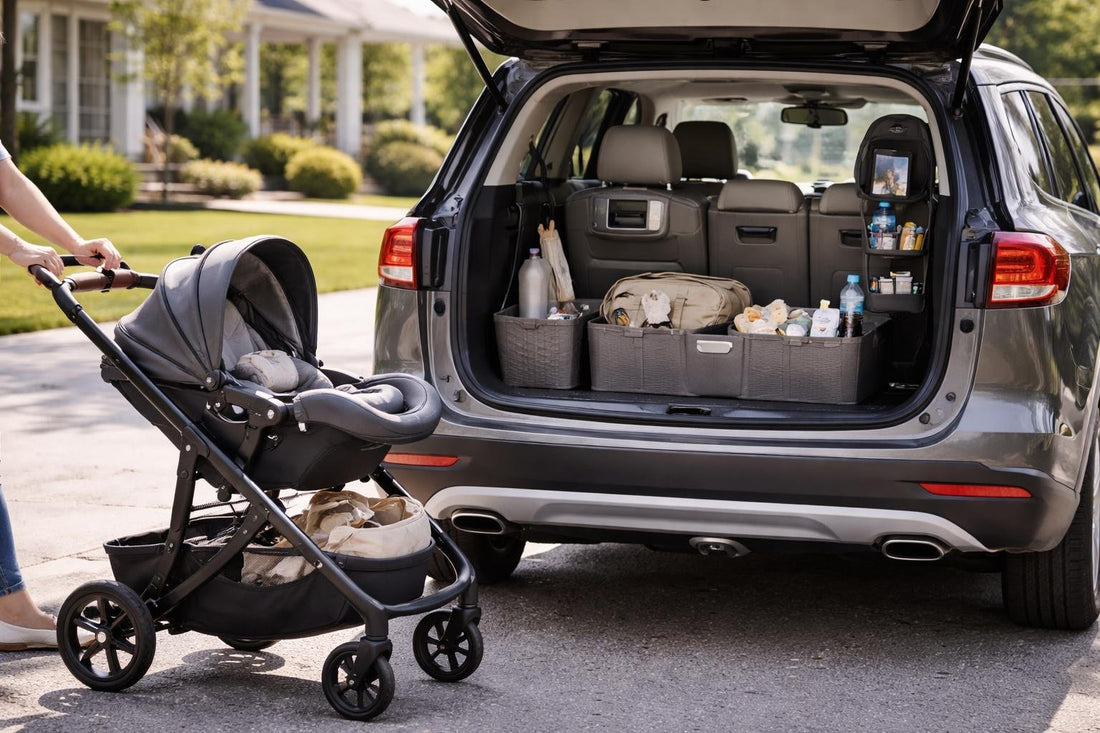 Beginner parent pushing stroller beside organized family car