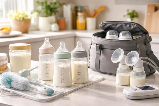 baby bottles, brush and pump bag on counter