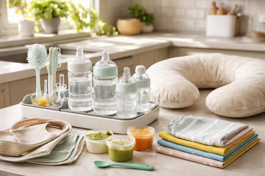 Bottle feeding essentials: bottles, bibs, drying rack, nursing pillow