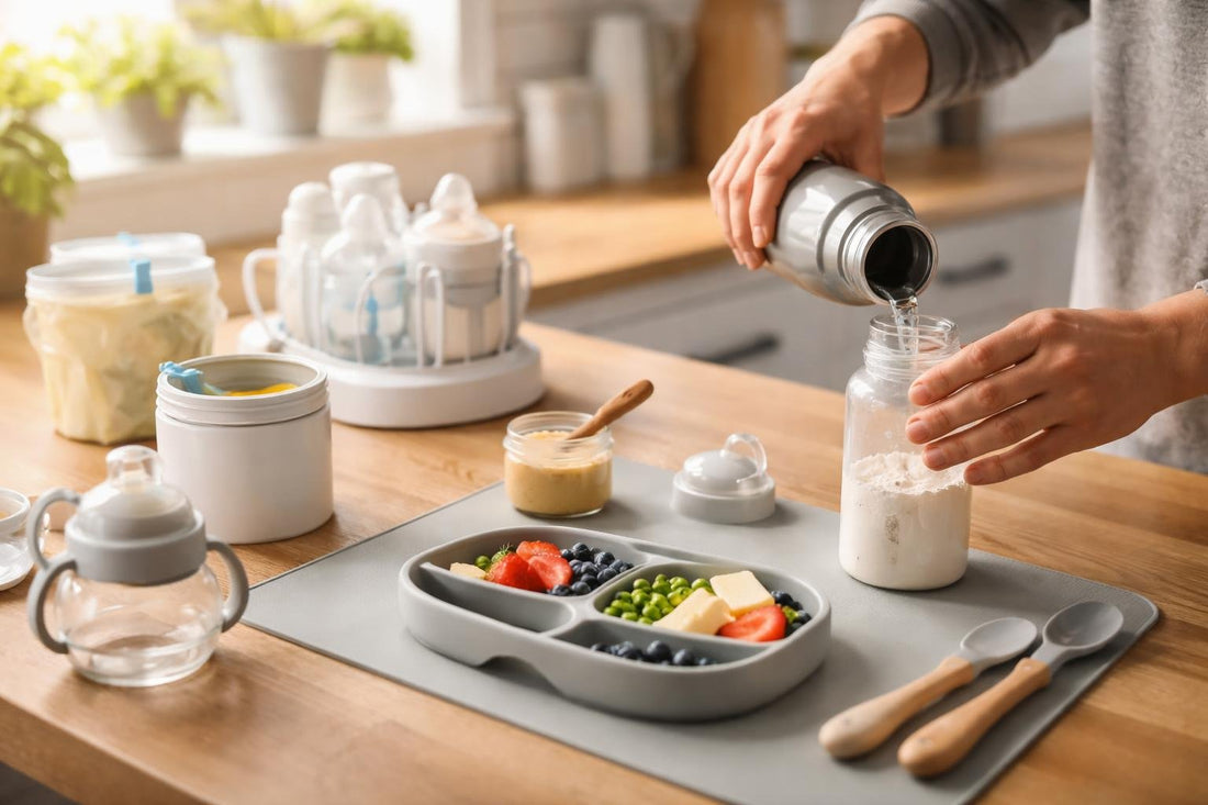 Parent prepping insulated bottle and silicone placemat