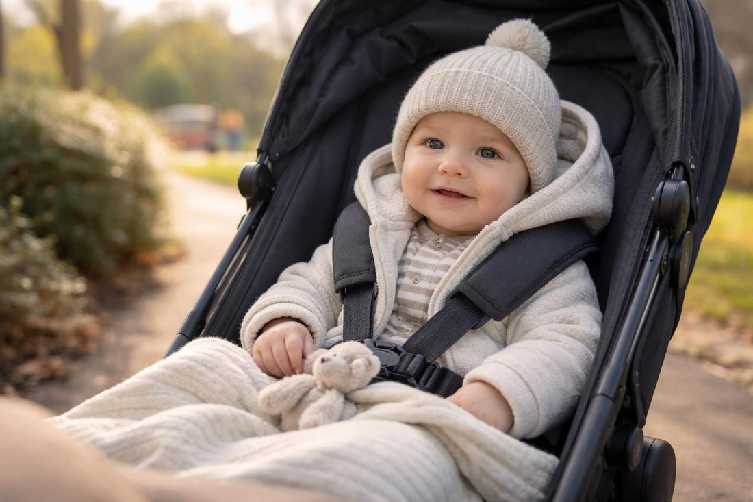 Baby in breathable layers for chilly morning stroller walk