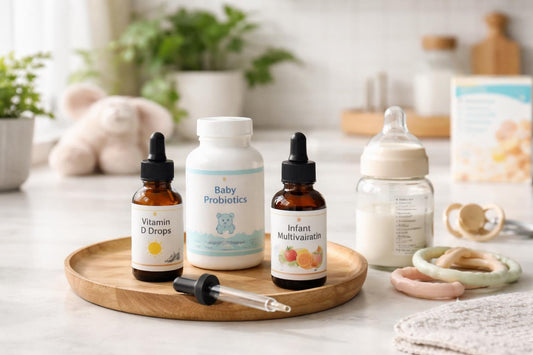 Budget-friendly baby supplement drops and vitamins on a counter
