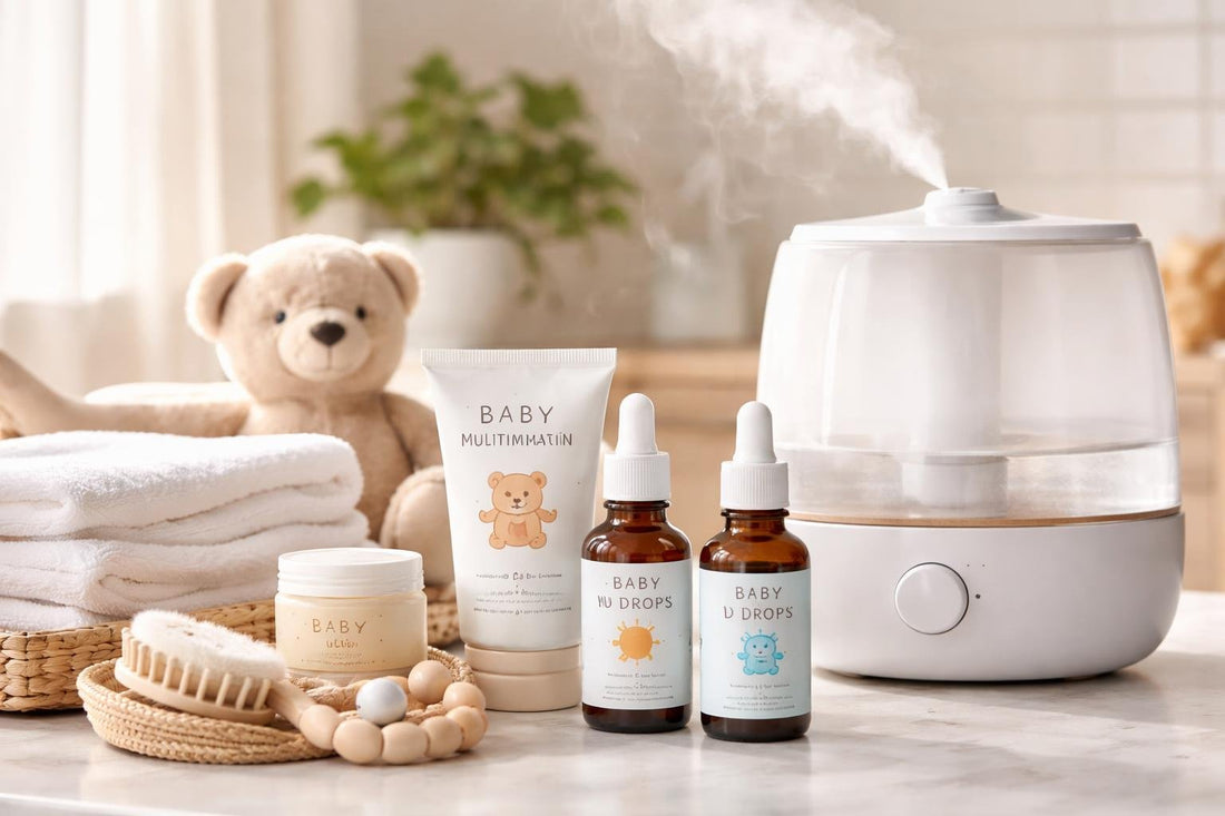 Budget baby wellness essentials including vitamin drops and humidifier