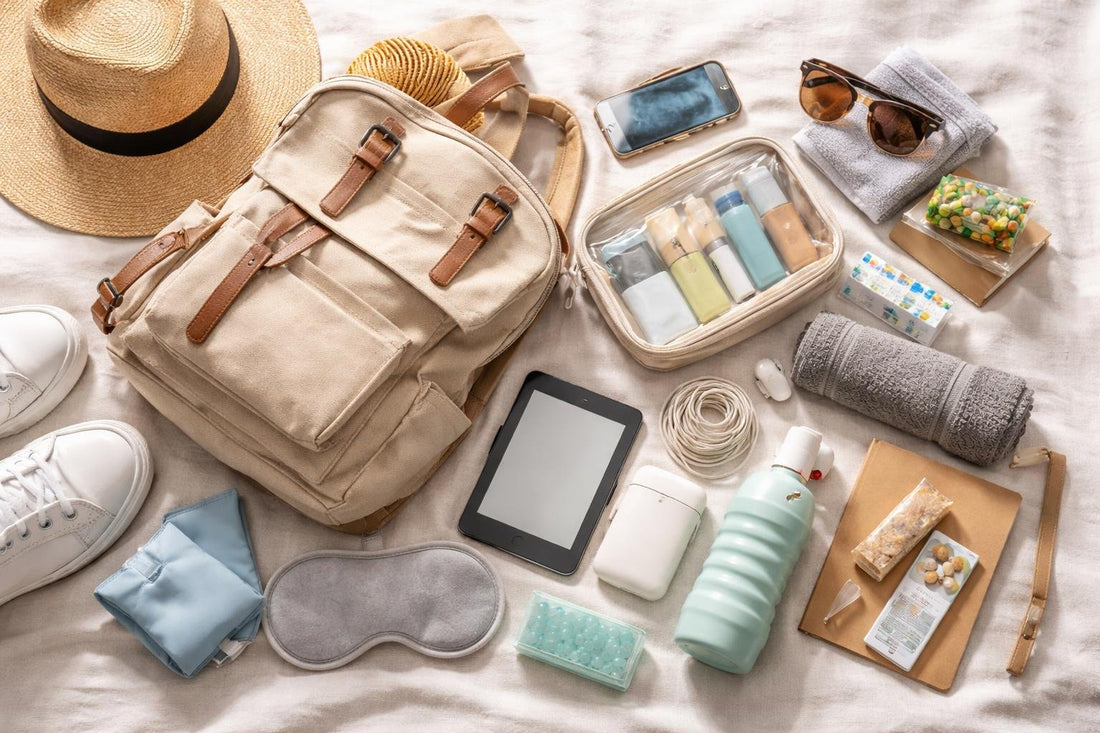 Budget carry-on travel essentials laid out for on-the-go
