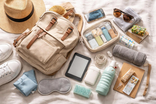 Budget carry-on travel essentials laid out for on-the-go