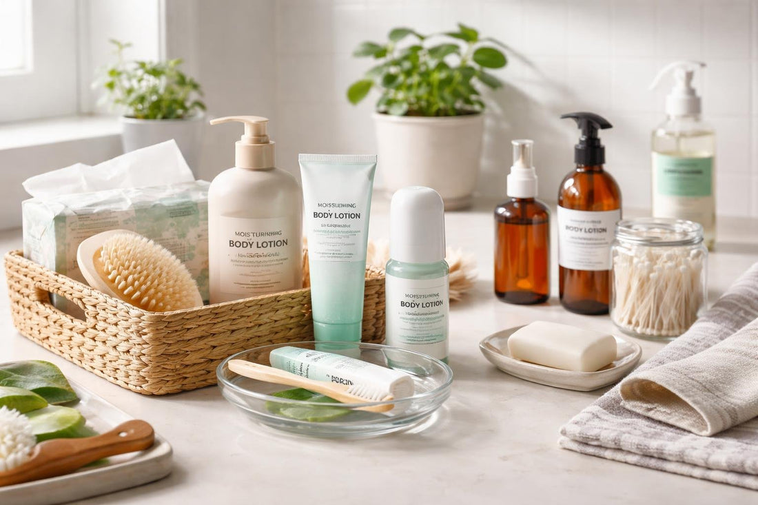 Affordable health and hygiene essentials arranged on bathroom counter