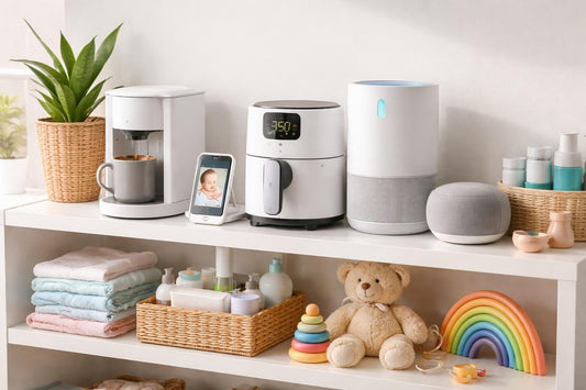 compact studio tech and baby essentials on shelf