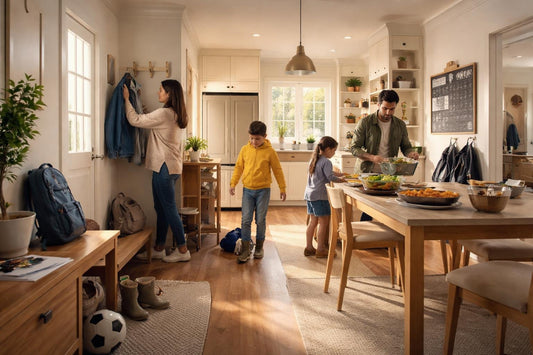 Family resetting kitchen and entryway after busy weeknight