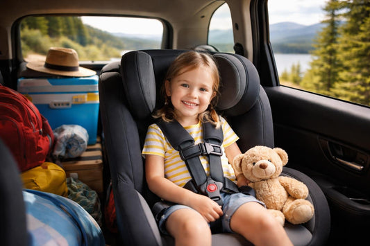 Child secured in car seat on Canadian road trip