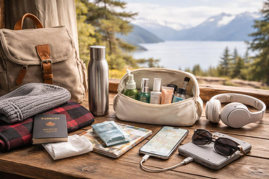 Compact travel essentials arranged for Canadian on-the-go trips