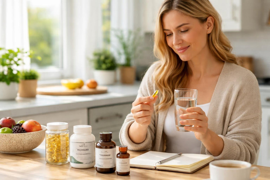 Canadian mom holding vitamins during seasonal wellness routine