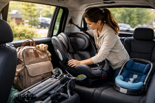 Ontario parent installing car seat and travel accessories