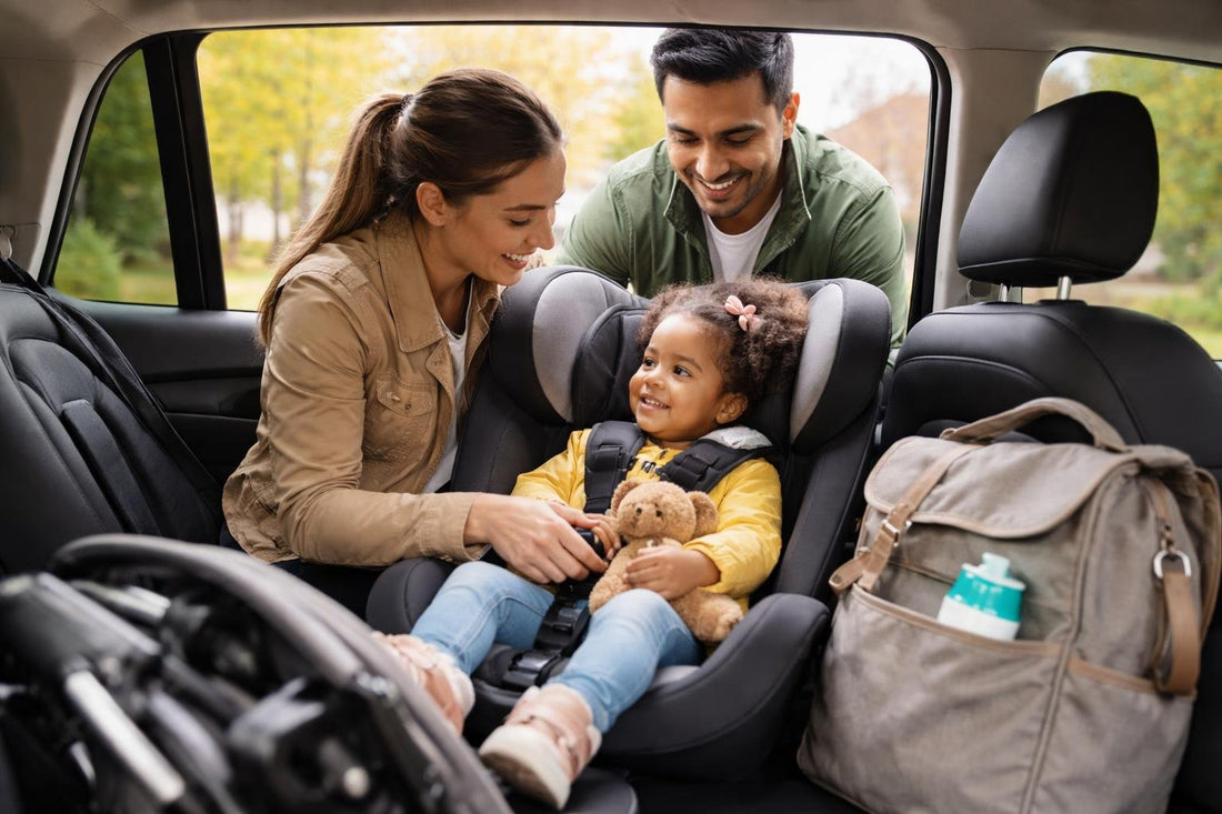 Ontario family using car seat and travel accessories