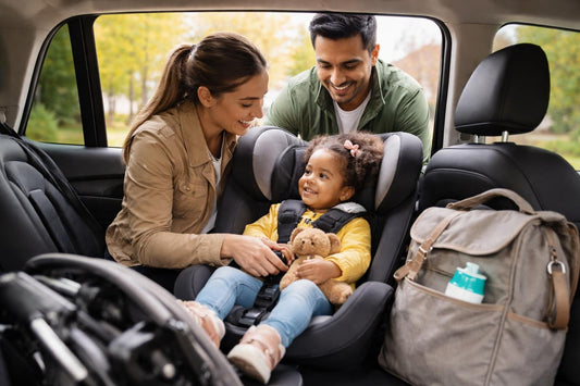 Ontario family using car seat and travel accessories