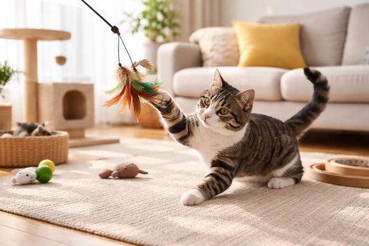 Cat playing with wand toy during indoor playtime
