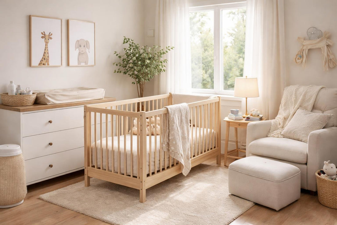 Cozy nursery with crib, dresser, and rocking chair