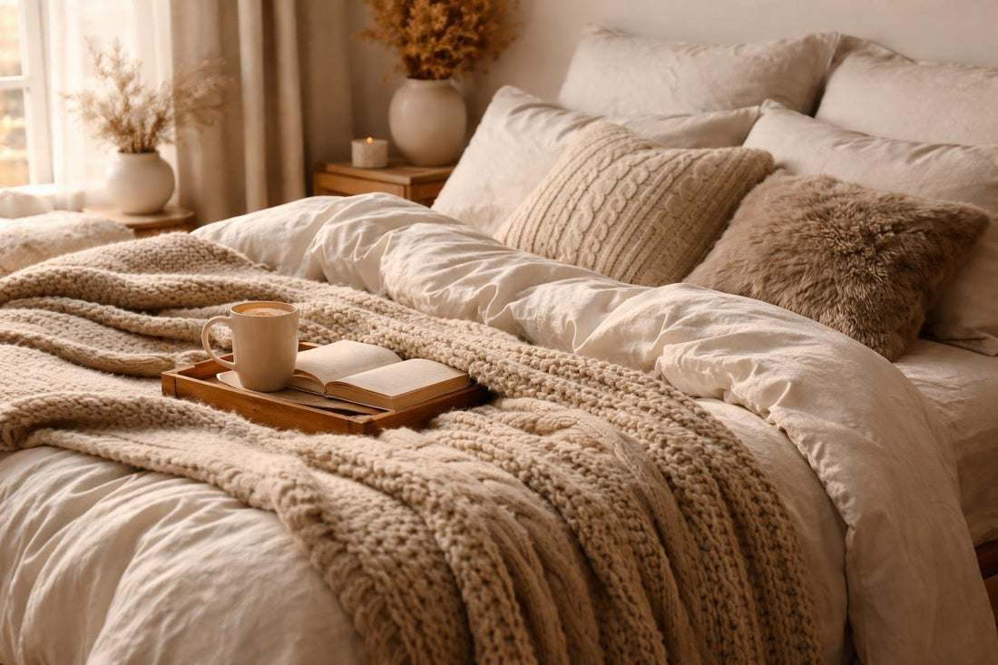Cozy layered bedding on a bed for winter sleep