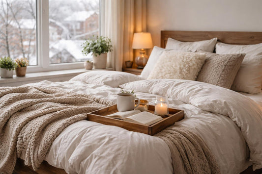 Cozy winter bedding layered on bed in Toronto