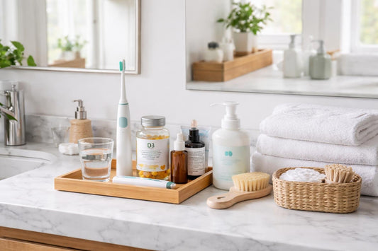 Daily health and hygiene routine items on bathroom counter