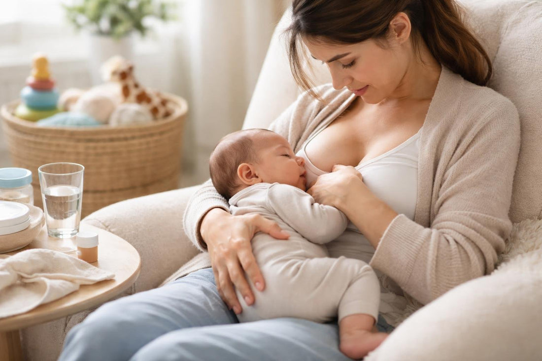 Parent helping baby get a deeper breastfeeding latch