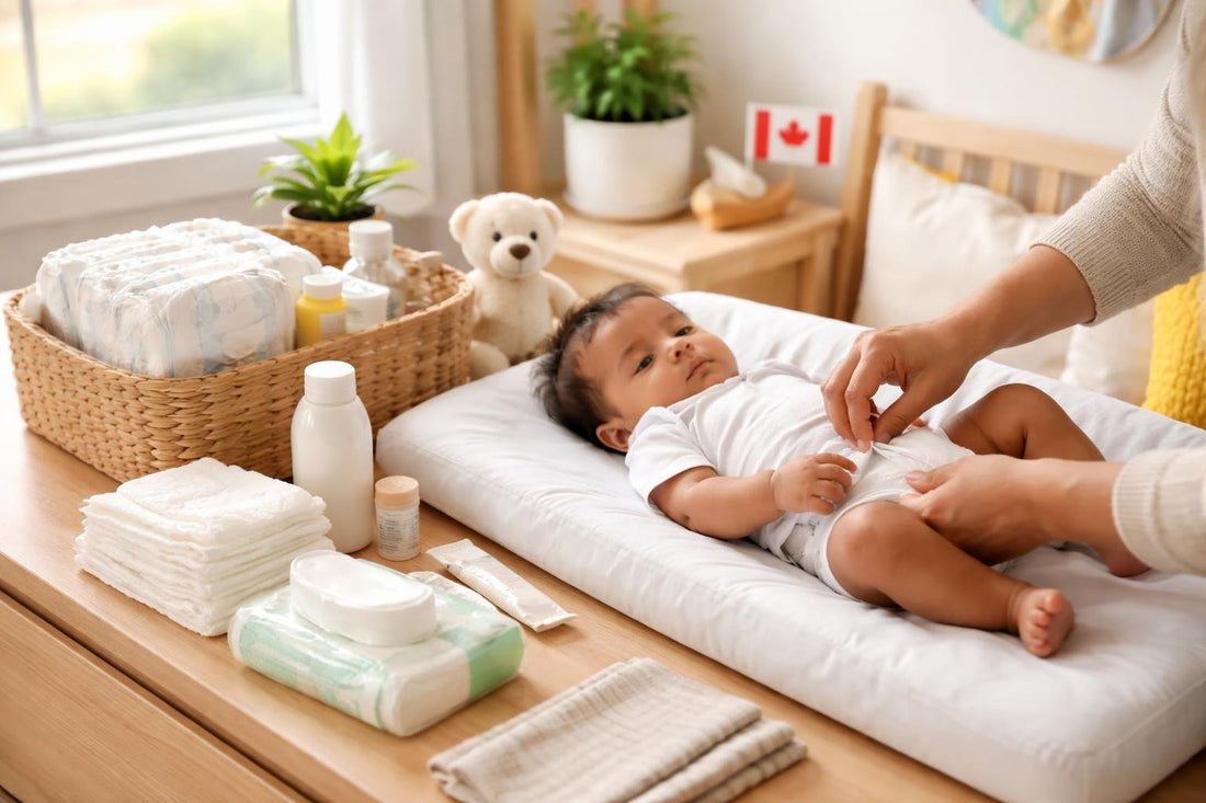 Canadian parent changing baby's diaper with essentials