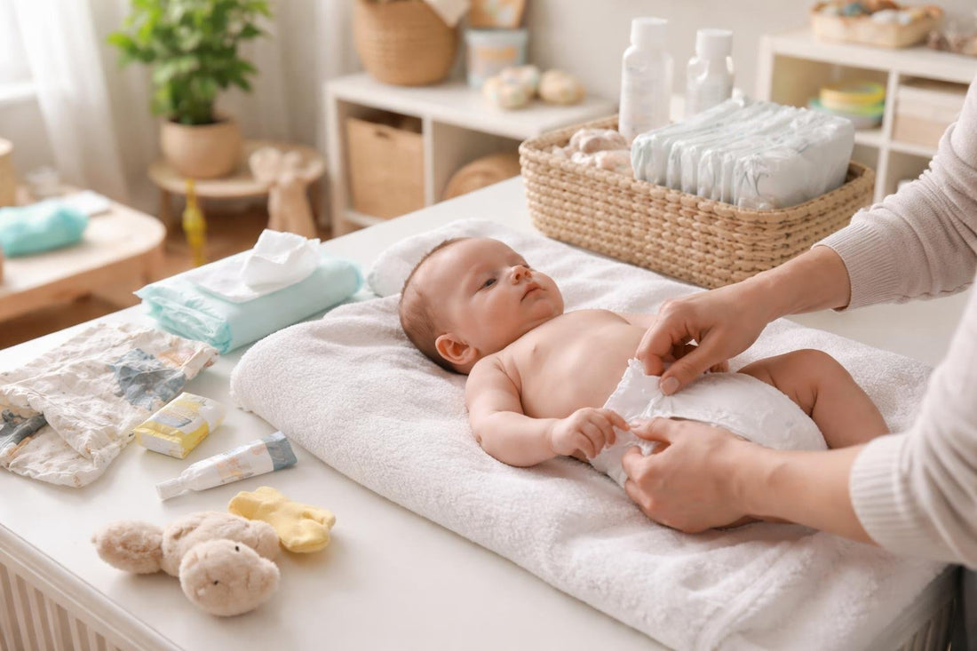 New parent changing baby diaper with organized essentials