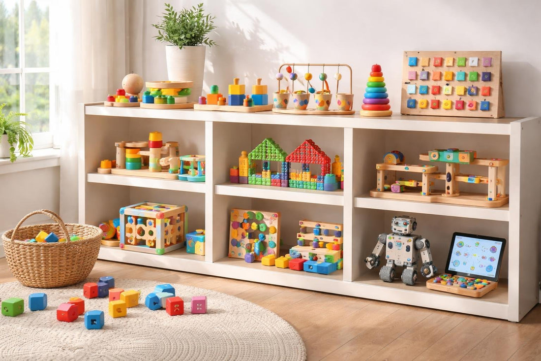 Educational toys arranged by skill level on playroom shelf