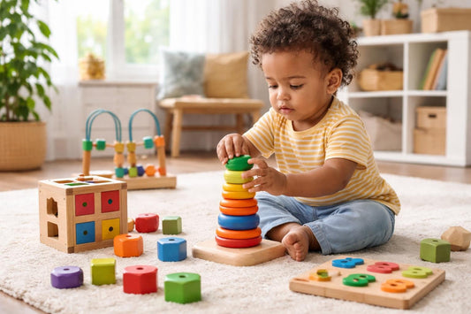 Toronto toddler playing with educational wooden toys