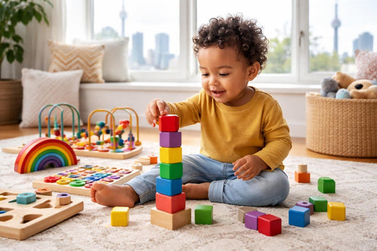 Toronto toddler playing with educational wooden blocks
