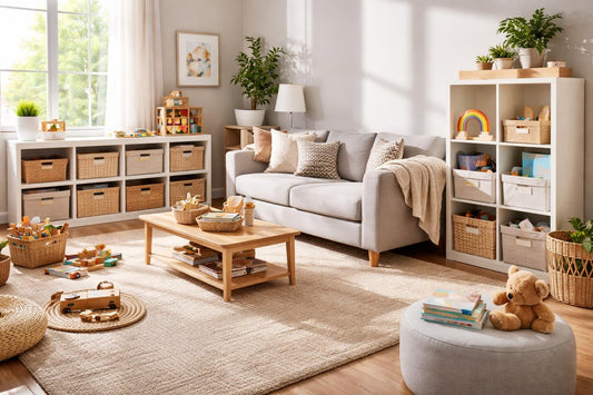 organized family living room with storage solutions
