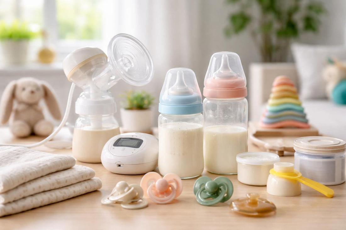 Baby feeding essentials and pacifiers on table