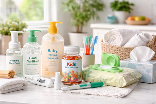 Family health and hygiene products on countertop