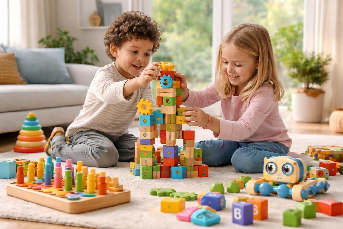 Kids building with educational toys indoors during the season