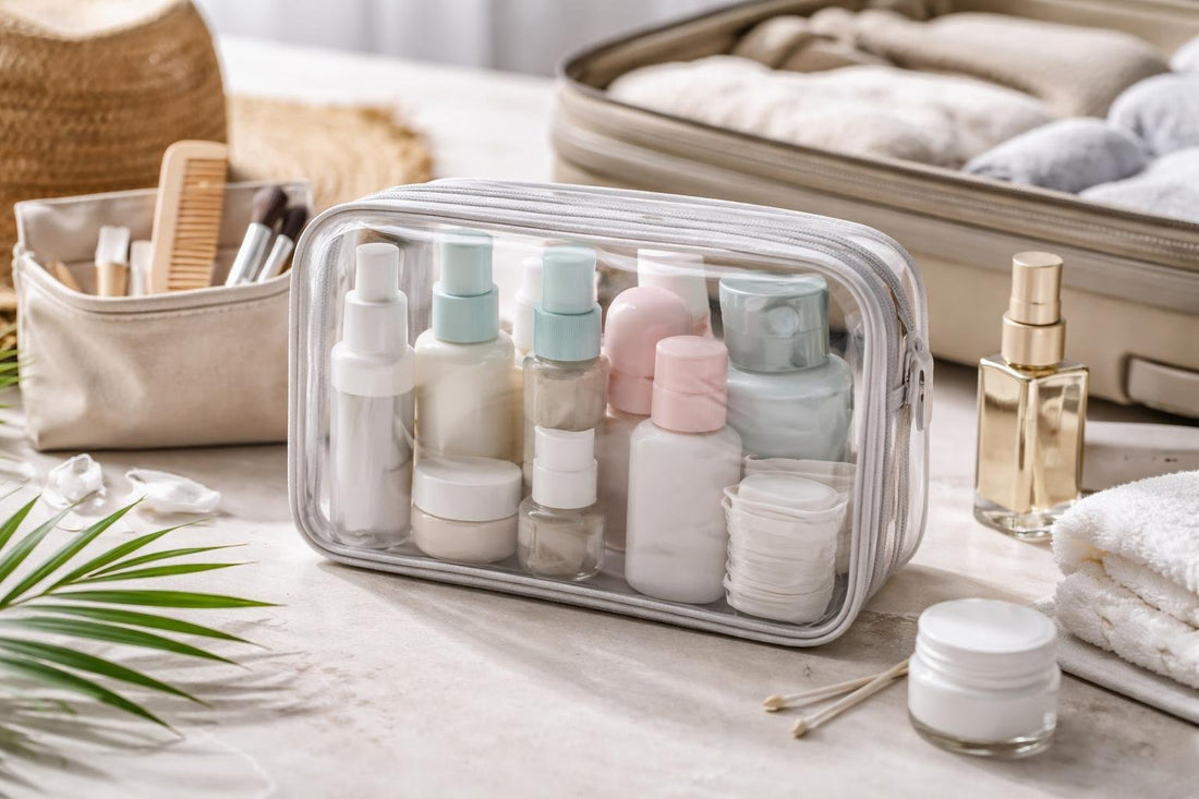 Leak-proof carry-on toiletry kit with travel bottles and pouches