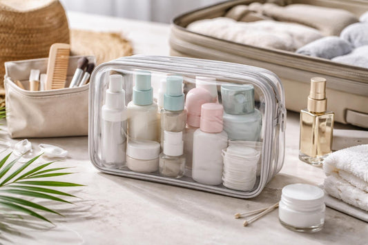 Leak-proof carry-on toiletry kit with travel bottles and pouches