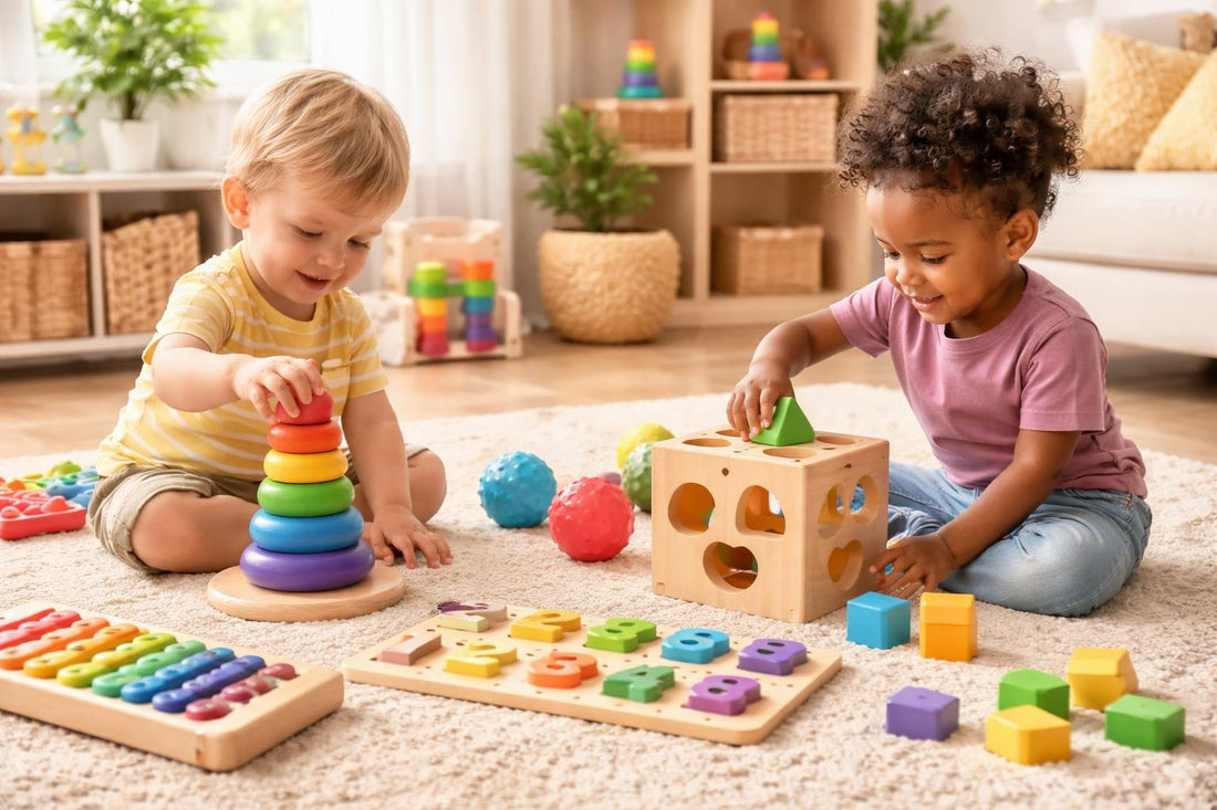 Toddlers playing with learning and development toys