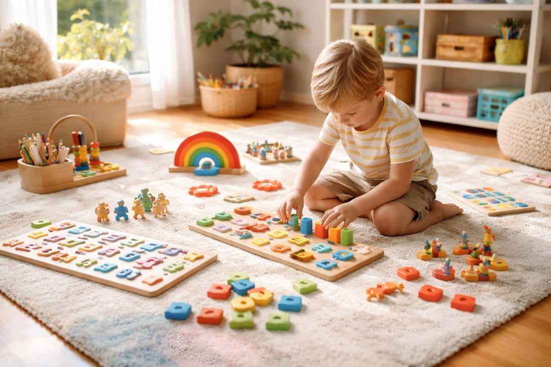 Child playing with educational toys on mat
