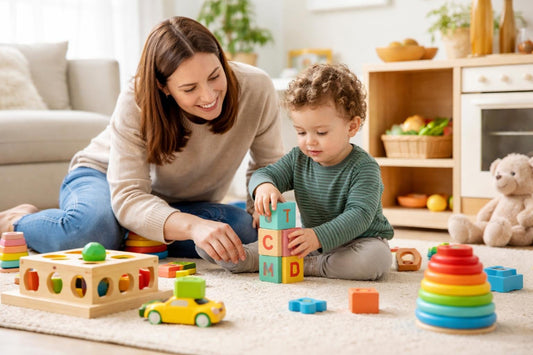 Parent and child learning through blocks and pretend play