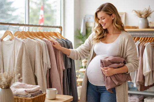 Pregnant woman choosing soft maternity clothing in Canada