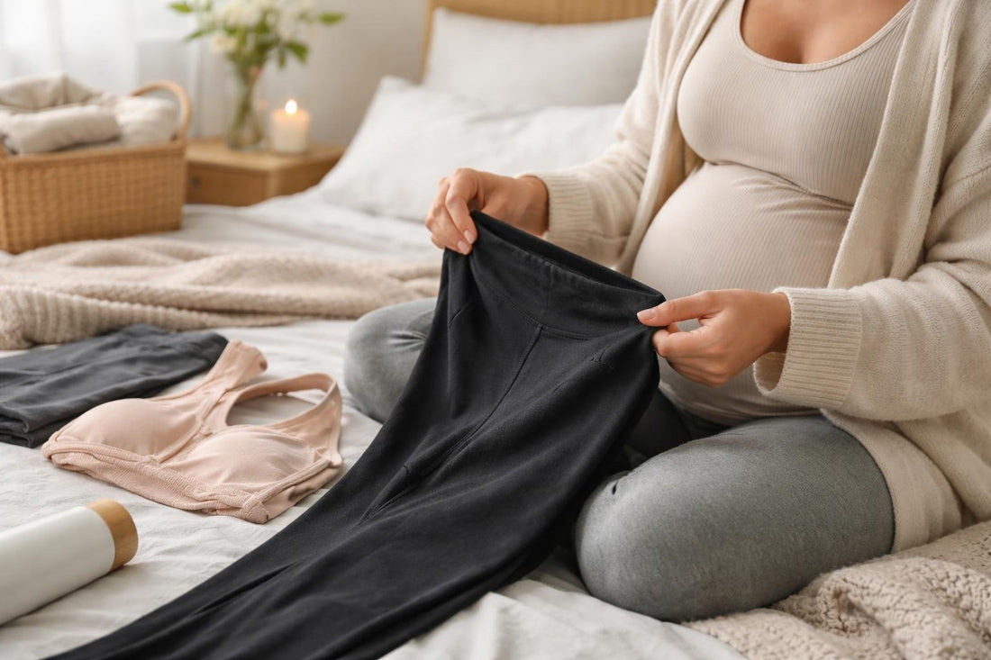 Pregnant person checking soft maternity leggings fabric quality