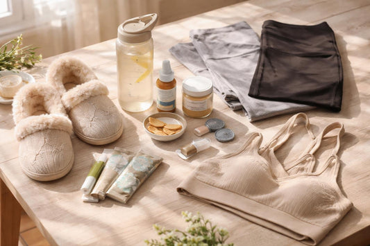 First trimester maternity essentials laid out on table