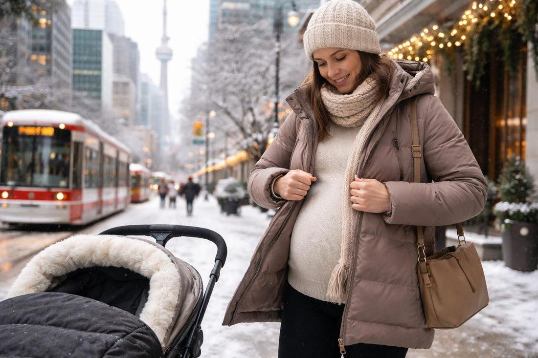Pregnant woman layering winter maternity coat Toronto