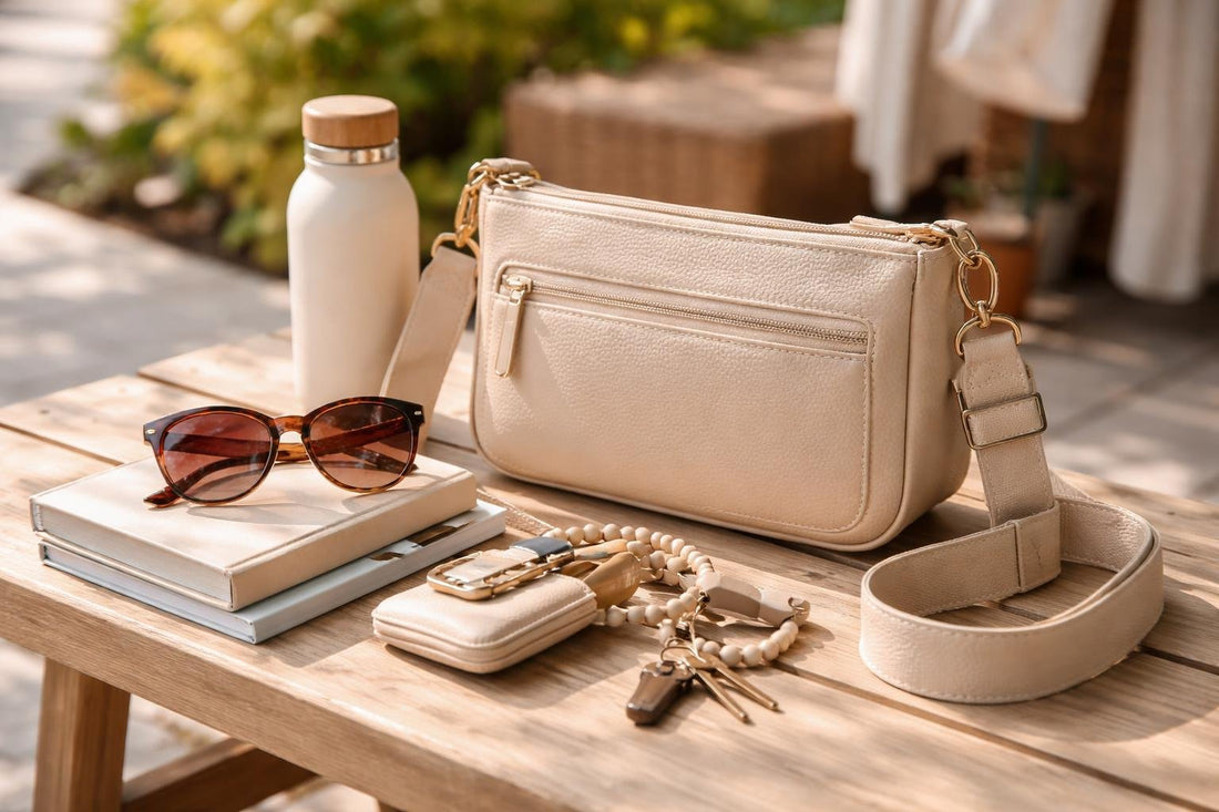 Mom styling accessories with crossbody bag and sunglasses