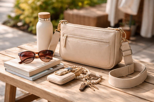 Mom styling accessories with crossbody bag and sunglasses