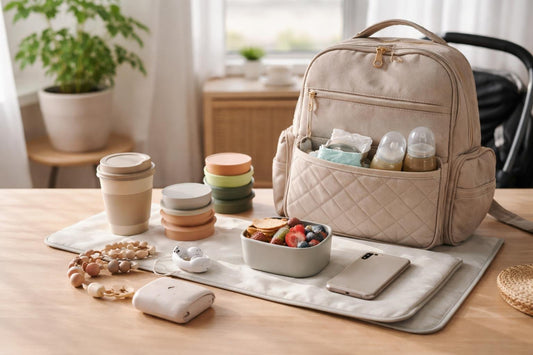 Mom accessories essentials laid out on table