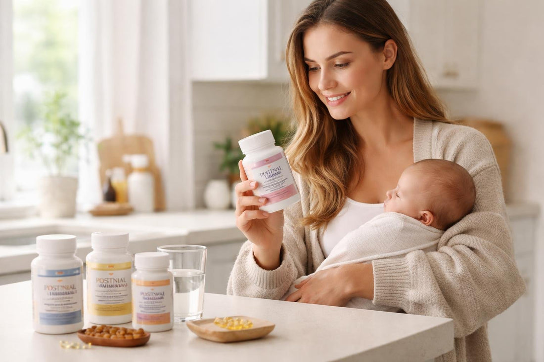 Canadian mom holding supplement bottle with DHA for breastfeeding